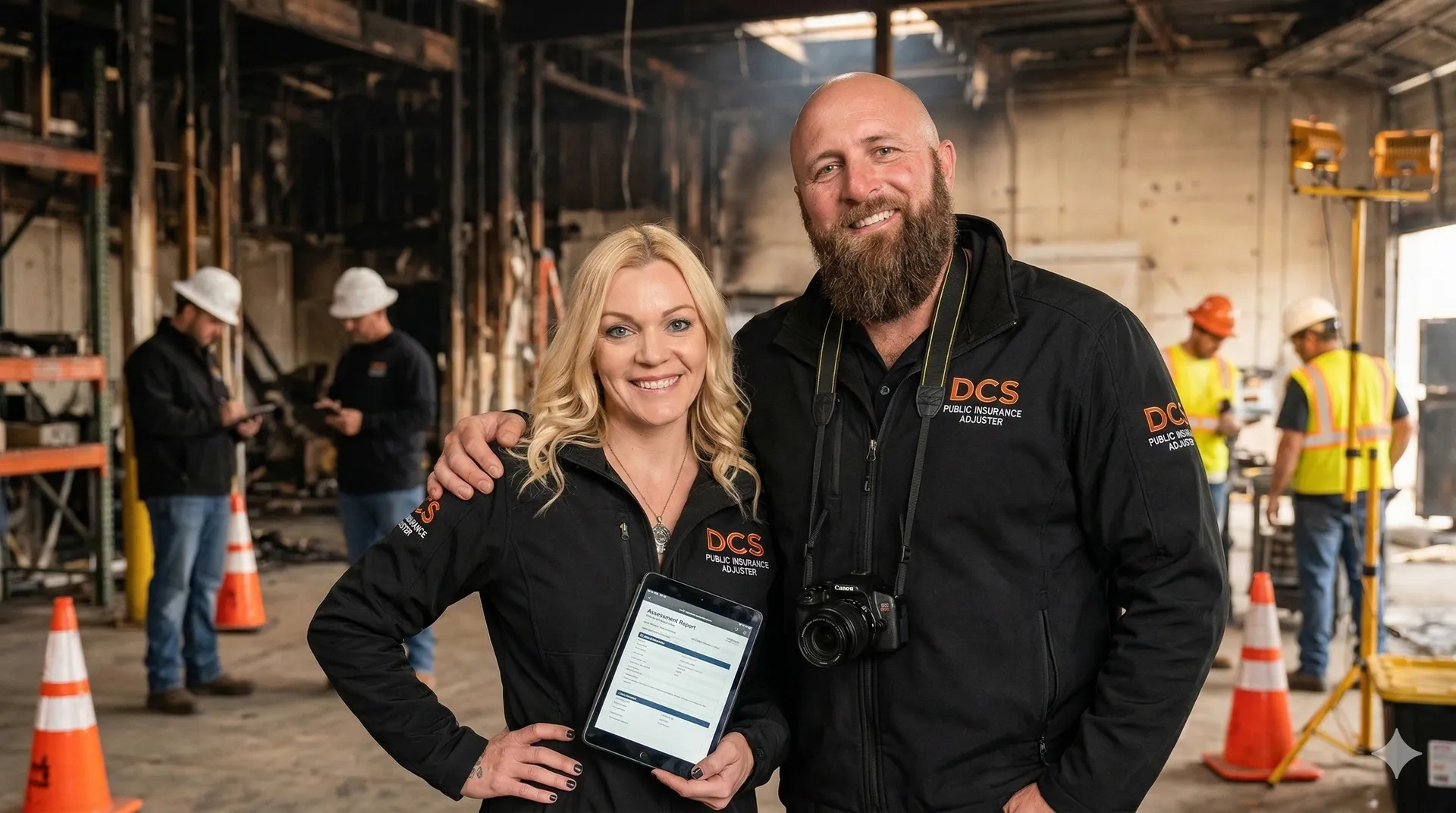 Joshua Osteen and Hillary Baker, licensed public adjusters at DCS, on a commercial fire damage inspection site